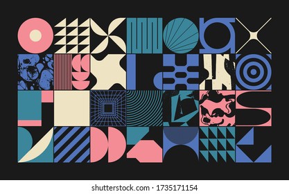 Geometric distress aesthetics in abstract pattern design. Brutalism inspired vector graphics collage made with simple geometric shapes and grunge texture, useful for poster art and digital prints.