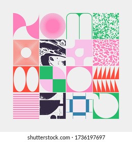 Geometric distress aesthetics in abstract pattern design. Brutalism inspired vector graphics collage made with simple geometric shapes and grunge texture, useful for poster art and digital prints.