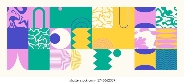 Geometric distress aesthetics in abstract pattern design. Brutalism inspired vector graphics collage made with simple geometric shapes and grunge texture, useful for poster art and digital prints.