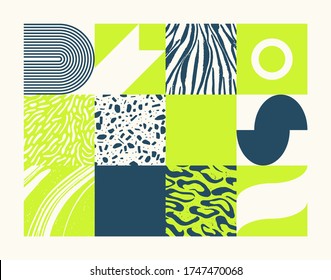 Geometric distress aesthetics in abstract pattern design. Brutalism inspired vector graphics collage made with simple geometric shapes and grunge texture, useful for poster art and digital prints.