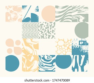 Geometric distress aesthetics in abstract pattern design. Brutalism inspired vector graphics collage made with simple geometric shapes and grunge texture, useful for poster art and digital prints.
