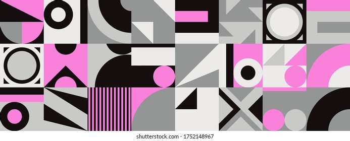 Geometric distress aesthetics in abstract pattern design. Brutalism inspired vector graphics collage made with simple geometric shapes and grunge texture, useful for poster art and digital prints.