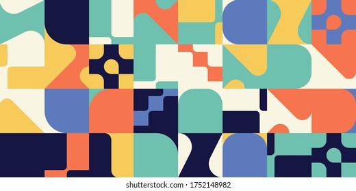 Geometric distress aesthetics in abstract pattern design. Brutalism inspired vector graphics collage made with simple geometric shapes and grunge texture, useful for poster art and digital prints.