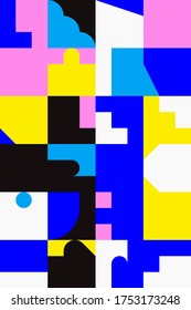 Geometric distress aesthetics in abstract pattern design. Brutalism inspired vector graphics collage made with simple geometric shapes and grunge texture, useful for poster art and digital prints.