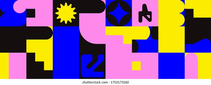 Geometric distress aesthetics in abstract pattern design. Brutalism inspired vector graphics collage made with simple geometric shapes and grunge texture, useful for poster art and digital prints.