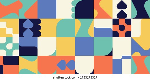 Geometric distress aesthetics in abstract pattern design. Brutalism inspired vector graphics collage made with simple geometric shapes and grunge texture, useful for poster art and digital prints.
