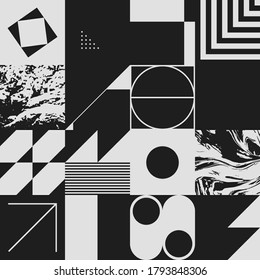 Geometric distress aesthetics in abstract pattern design. Brutalism inspired vector graphics collage made with simple geometric shapes and grunge texture, useful for poster art and digital prints.