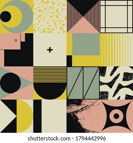 Geometric distress aesthetics in abstract pattern design. Brutalism inspired vector graphics collage made with simple geometric shapes and grunge texture, useful for poster art and digital prints.
