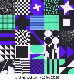 Geometric distress aesthetics in abstract pattern design. Brutalism inspired vector graphics collage made with simple geometric shapes and grunge texture, useful for poster art and digital prints.