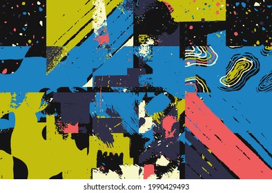 Geometric distress aesthetics in abstract pattern design. Brutalism inspired vector graphics collage made with simple geometric shapes and grunge texture, useful for poster art and digital prints.