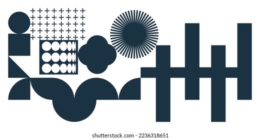 Geometric distress aesthetics in abstract pattern design. Brutalism inspired vector graphics collage made with simple geometric shapes and grunge texture, useful for poster art and digital prints.
