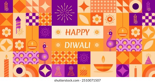 Geometric Diwali background with various shapes, stars, flowers, etc. Seamless pattern, vector illustration.