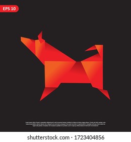 Vector de diseño de perro geométrico, rojo combinado y color anaranjado pequeño en fondo negro. cambiar el color y trabajar bien en el fondo oscuro y claro