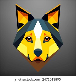 Cabeza de perro geométrica con una raya negra y naranja. Arte vectorial, sots art, bajo poli, cubo-futurismo, pegatina, avatar de dibujos animados, logotipo animal, diseño surrealista