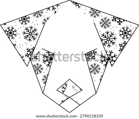 Geometric dog head illustration, Snowflake pattern puppy art, Abstract winter theme dog portrait