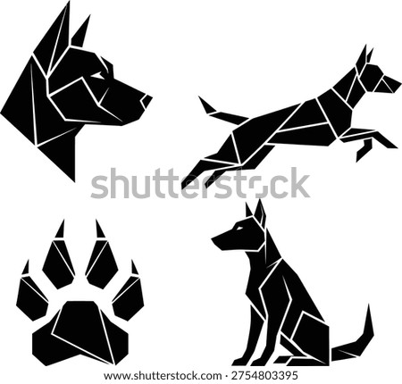 Geometric Dog Silhouette Set – Polygonal Dog Head, Running Dog, Paw and Sitting Dog Vector