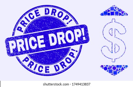 Geometric dollar up down mosaic icon and Price Drop! seal stamp. Blue vector round textured seal stamp with Price Drop! text. Abstract concept of dollar up down combined of round, triangles,