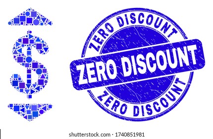 Geometric dollar up down mosaic pictogram and Zero Discount seal stamp. Blue vector rounded textured seal stamp with Zero Discount title. Abstract mosaic of dollar up down created of circle,
