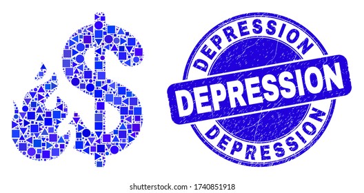 Geometric dollar fire mosaic icon and Depression seal stamp. Blue vector round distress seal stamp with Depression caption. Abstract mosaic of dollar fire combined of circle, triangles,
