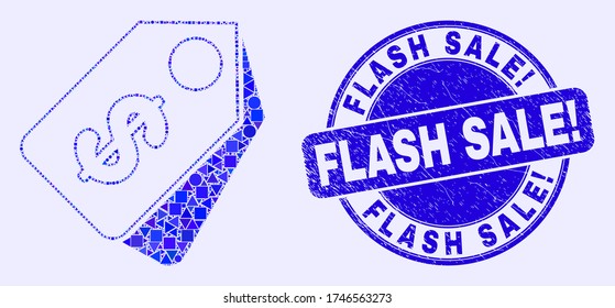 Icono de mosaico de etiquetas geométricas en dólares y Flash Sale! sellado. Estampilla de sellado de socorro azul vectorial redondo con Flash Sale! de %PRODUCTNAME. Concepto abstracto de etiquetas en dólares construidas de redondo, trillado,