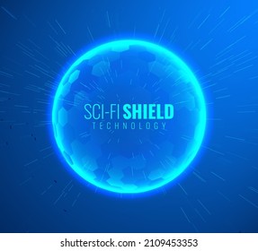 Geometric Dome Shield on a Blue Background. Futuristic Glowing Protection 3D Sphere. Technology Style HUD Design Element. Hexagon Force Field Shield. Vector Illustration. Digital Security Concept.