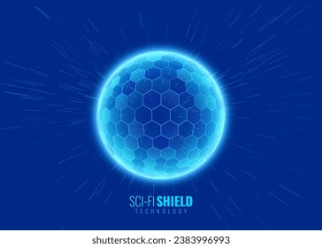 Geometric Dome Shield on a Blue Background. Futuristic Glowing Protection 3D Sphere. Technology Style HUD Design Element. Hexagon Force Field Shield. Vector Illustration. Digital Security Concept.