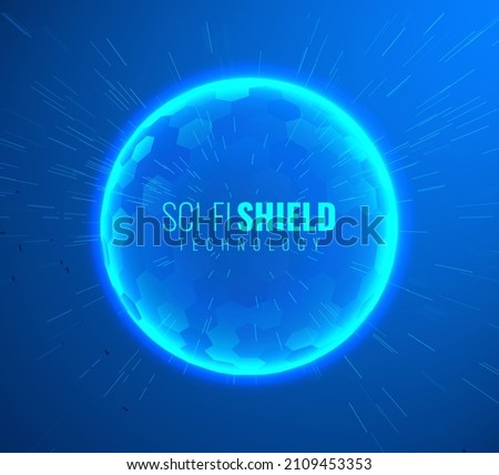 Geometric Dome Shield on a Blue Background. Futuristic Glowing Protection 3D Sphere. Technology Style HUD Design Element. Hexagon Force Field Shield. Vector Illustration. Digital Security Concept.