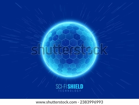 Geometric Dome Shield on a Blue Background. Futuristic Glowing Protection 3D Sphere. Technology Style HUD Design Element. Hexagon Force Field Shield. Vector Illustration. Digital Security Concept.