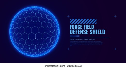 Geometric Dome Shield on a Dark Background. Futuristic Glowing Protection 3D Sphere. Technology Style HUD Design Element. Hexagon Force Field Shield. Vector Illustration. Digital Security Concept.