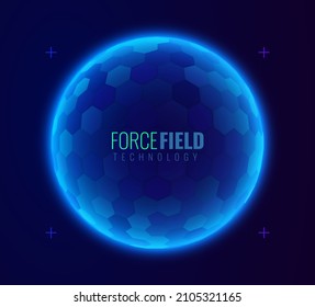 Geometric Dome Shield on a Dark Background. Futuristic Glowing Protection 3D Sphere. Technology Style HUD Design Element. Hexagon Force Field Shield. Vector Illustration. Digital Security Concept.