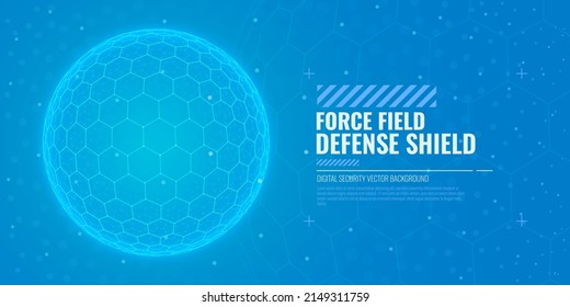 Geometric Dome Shield on a Dark Background. Futuristic Glowing Protection 3D Sphere. Technology Style HUD Design Element. Hexagon Force Field Shield. Vector Illustration. Digital Security Concept.