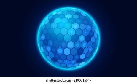 Geometric Dome Shield on a Dark Background. Futuristic Glowing Protection 3D Sphere. Technology Style HUD Design Element. Hexagon Force Field Shield. Vector Illustration. Digital Security Concept.