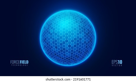 Geometric Dome Shield on a Dark Background. Futuristic Glowing Protection 3D Sphere. Technology Style HUD Design Element. Hexagon Force Field Shield. Vector Illustration. Digital Security Concept.