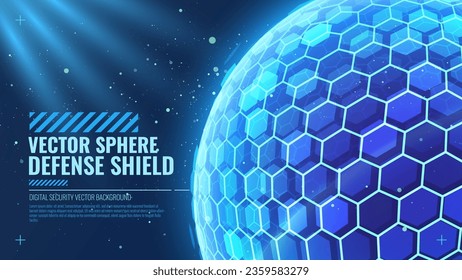 Geometric Dome Shield on a Dark Background. Futuristic Glowing Protection 3D Sphere. Technology Style HUD Design Element. Hexagon Force Field Shield. Vector Illustration. Digital Security Concept.