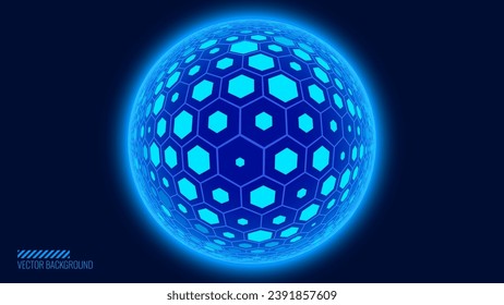 Escudo de la cúpula geométrica en un fondo oscuro. Esfera 3D Futurista de protección brillante. Elemento de diseño HUD de estilo tecnológico. Escudo de campo de fuerza hexagonal. Ilustración vectorial. Concepto de seguridad digital.