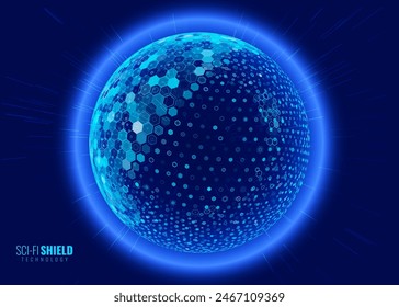 Geometric Dome Shield on a Dark Background. Futuristic Glowing Protection 3D Sphere. Technology Style HUD Design Element. Hexagon Force Field Shield. Vector Illustration. Digital Security Concept.