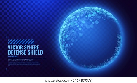 Geometric Dome Shield on a Dark Background. Futuristic Glowing Protection 3D Sphere. Technology Style HUD Design Element. Hexagon Force Field Shield. Vector Illustration. Digital Security Concept.