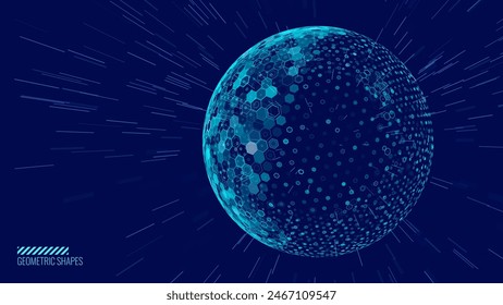 Geometric Dome Shield on a Dark Background. Futuristic Glowing Protection 3D Sphere. Technology Style HUD Design Element. Hexagon Force Field Shield. Vector Illustration. Digital Security Concept.