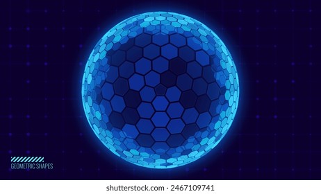 Geometric Dome Shield on a Dark Background. Futuristic Glowing Protection 3D Sphere. Technology Style HUD Design Element. Hexagon Force Field Shield. Vector Illustration. Digital Security Concept.