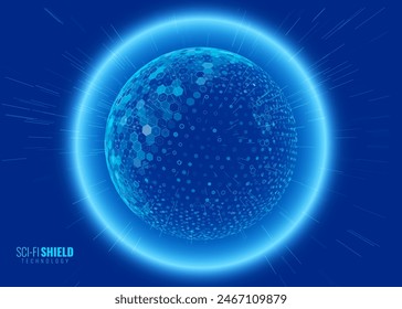 Geometric Dome Shield on a Dark Background. Futuristic Glowing Protection 3D Sphere. Technology Style HUD Design Element. Hexagon Force Field Shield. Vector Illustration. Digital Security Concept.