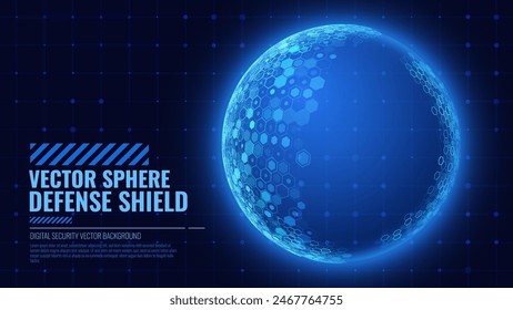 Geometric Dome Shield on a Dark Background. Futuristic Glowing Protection 3D Sphere. Technology Style HUD Design Element. Hexagon Force Field Shield. Vector Illustration. Digital Security Concept.