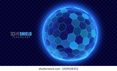 Geometric Dome Shield on a Dark Background. Futuristic Glowing Protection 3D Sphere. Technology Style HUD Design Element. Hexagon Force Field Shield. Vector Illustration. Digital Security Concept.