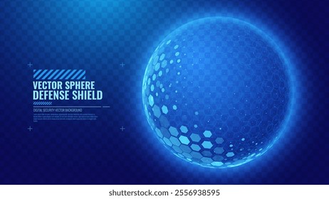 Geometric Dome Shield on a Dark Background. Futuristic Glowing Protection 3D Sphere. Technology Style HUD Design Element. Hexagon Force Field Shield. Vector Illustration. Digital Security Concept.