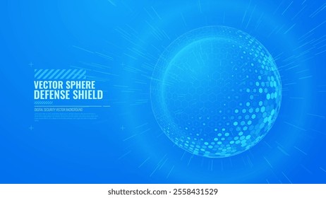 Geometric Dome Shield on a Dark Background. Futuristic Glowing Protection 3D Sphere. Technology Style HUD Design Element. Hexagon Force Field Shield. Vector Illustration. Digital Security Concept.