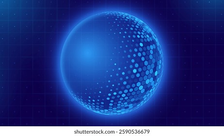 Geometric Dome Shield on a Dark Background. Futuristic Glowing Protection 3D Sphere. Technology Style HUD Design Element. Hexagon Force Field Shield. Vector Illustration. Digital Security Concept.