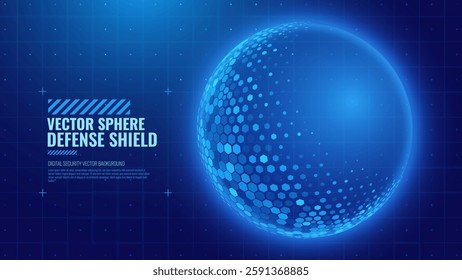 Geometric Dome Shield on a Dark Background. Futuristic Glowing Protection 3D Sphere. Technology Style HUD Design Element. Hexagon Force Field Shield. Vector Illustration. Digital Security Concept.