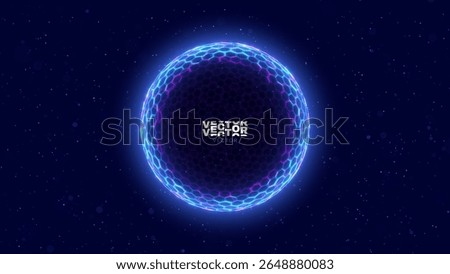 Geometric Dome Shield on a Dark Background. Futuristic Glowing Protection 3D Sphere. Technology Style HUD Design Element. Hexagon Force Field Shield. Vector Illustration. Digital Security Concept.