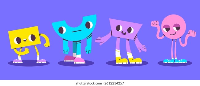 Geometric doodle character illustrations - happy figures of rectangle and semicircle, trapezoid and circle with smiling facial features, arms and legs. Colorful cartoon simple geometric shapes set.