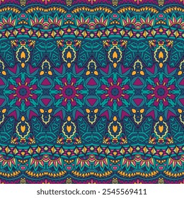 Geometric doodle colorful abstract decorative vector seamless ornamental pattern. Boho ornamental carpet. Mexican vibe psychdedlic Vibrant Ethnic geometric print.