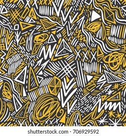 Geometric doodle hand drawn seamless pattern. Random decorative elements. Vector illustration
